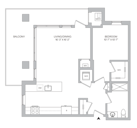 Floor plan for 1 bed, 1 bath, 829 sqft